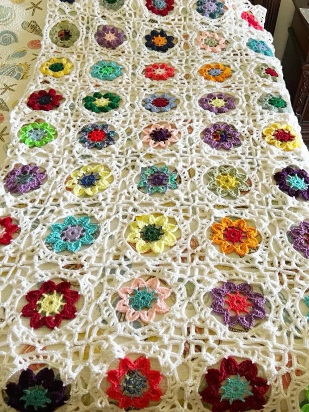 Colorful Fancy Granny Square w/ White Border Crochet Afghan Blanket Throw 50x100